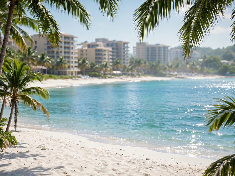 White-sand Marco Island beach with palm trees and beachfront condominiums