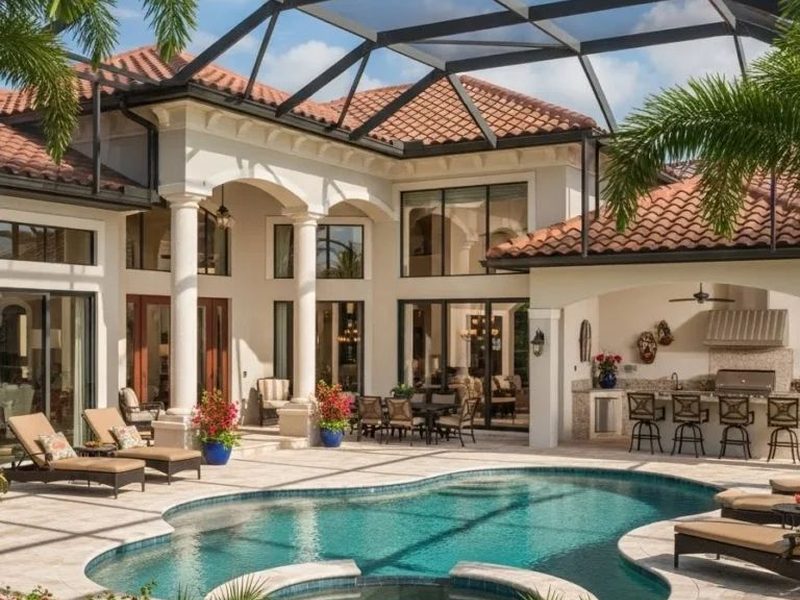 Screened Florida lanai with a pool and patio seating